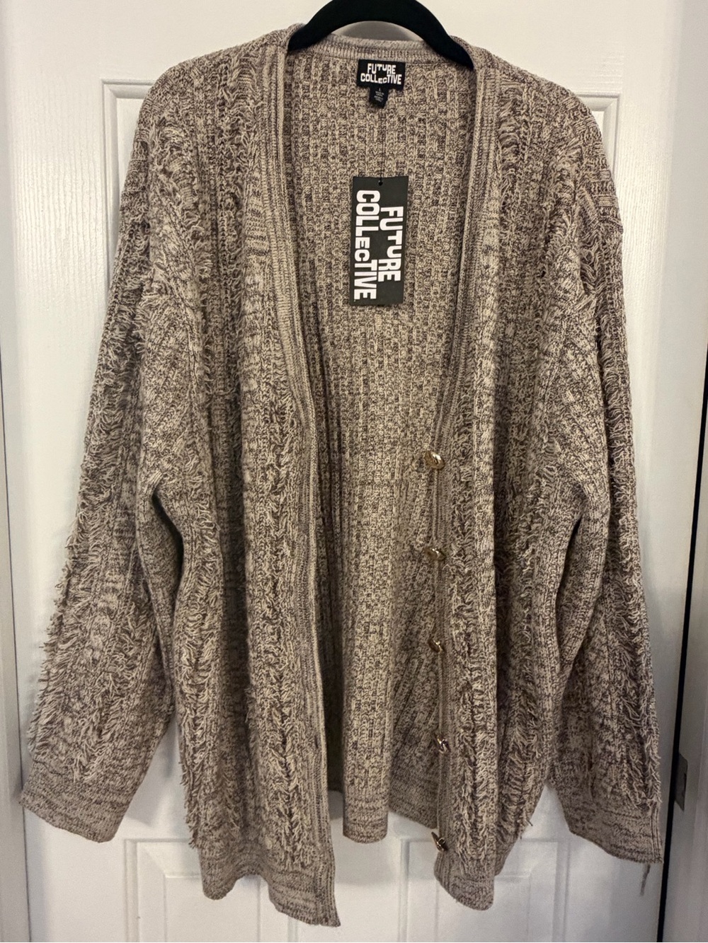 Future Collective Fringe Textured Knit Cardigan Sweater Women’s Large NWT Beige
